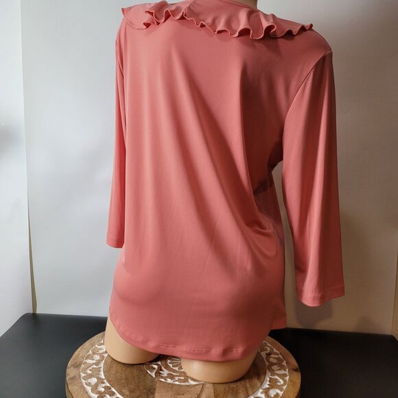 Southern Lady Pink Ruffled V-Neck Blouse W/Tie Front & 3/4 Sleeves Med. - Picture 5 of 13